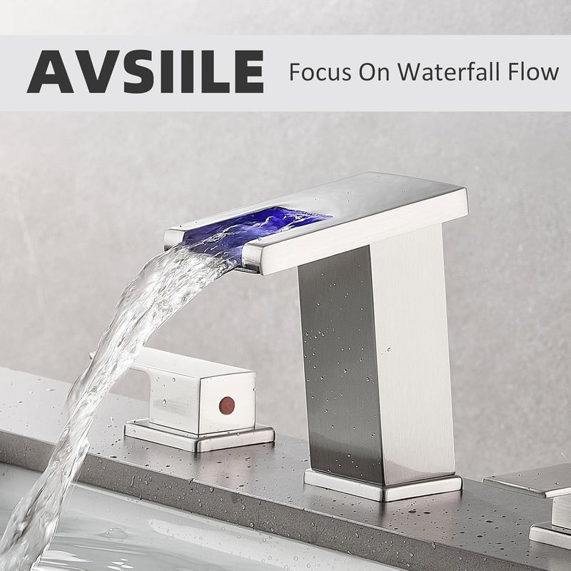 AVSIILE LED Bathroom Faucet 3 Hole, Brushed Nickel Waterfall Bathroom Faucets, 8 Inch Widespread Modern Bathroom Sink Faucet & Parts, Wide Spread Touch On Three Hole 2 Handle Bathroom Vanity Faucet - Image 3